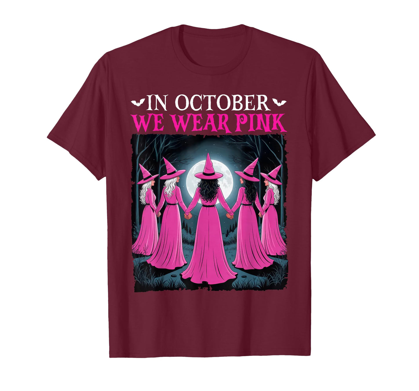 in October We Wear Pink Witch Halloween Breast Cancer Women T-Shirt