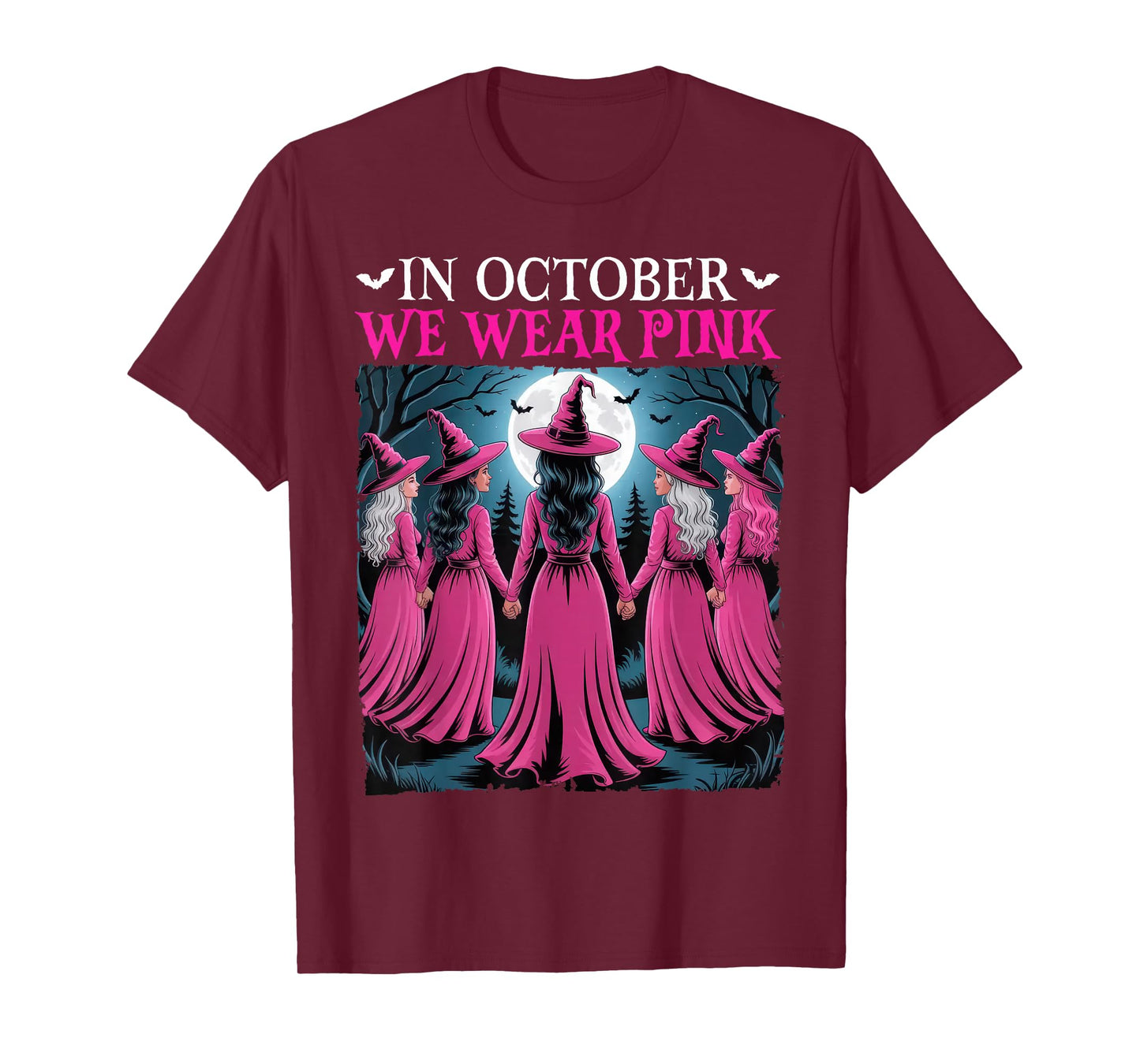 in October We Wear Pink Witch Halloween Breast Cancer Women T-Shirt