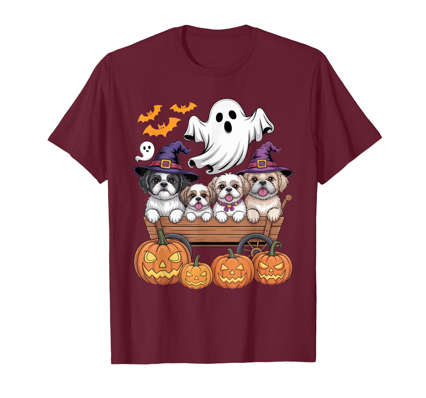 Shih Tzu Halloween Wagon Ghost Bats Pumpkins Cute Spooky T-Shirt