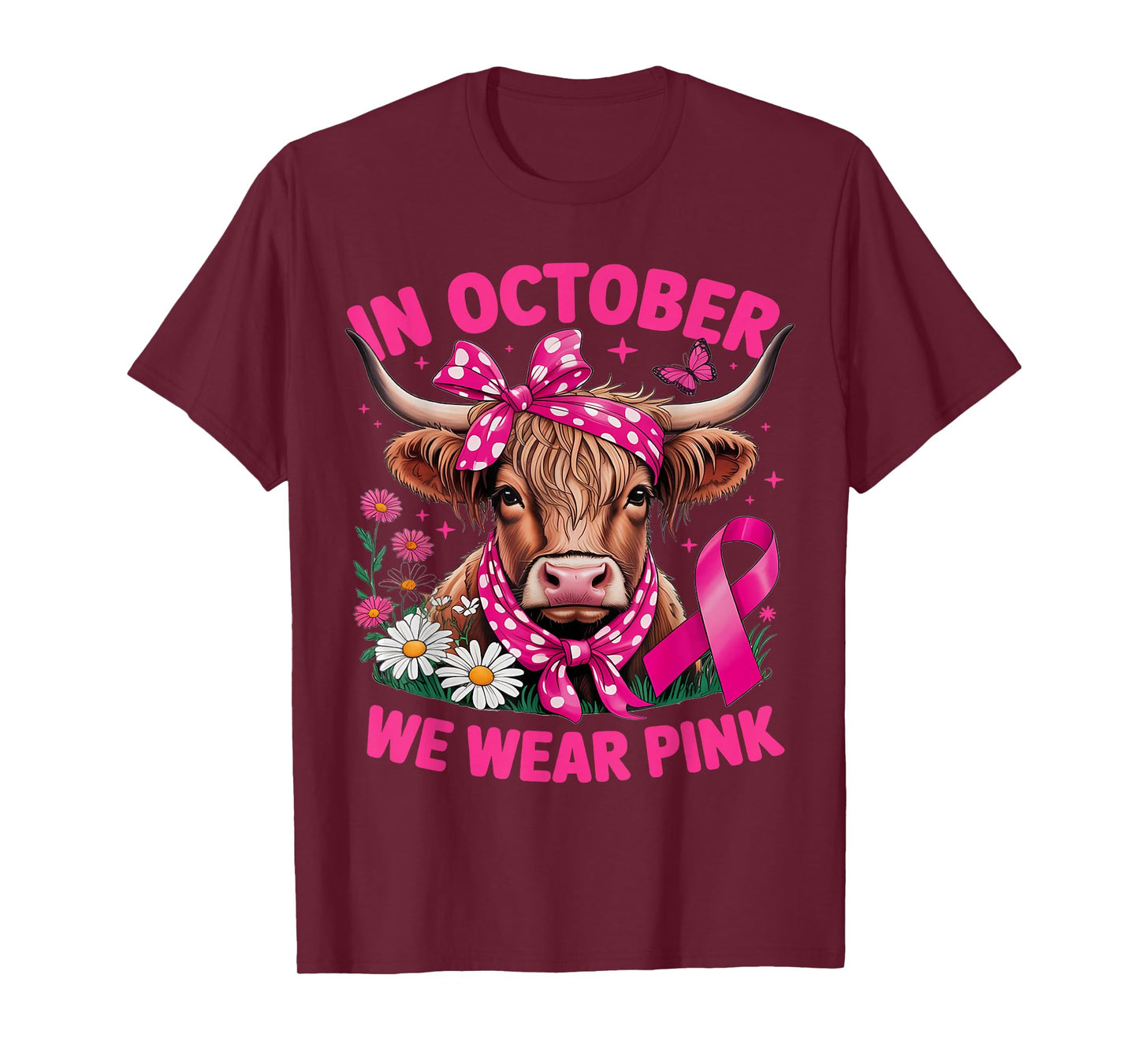 Highland Cow in October We Wear Pink Breast Cancer Awareness T-Shirt