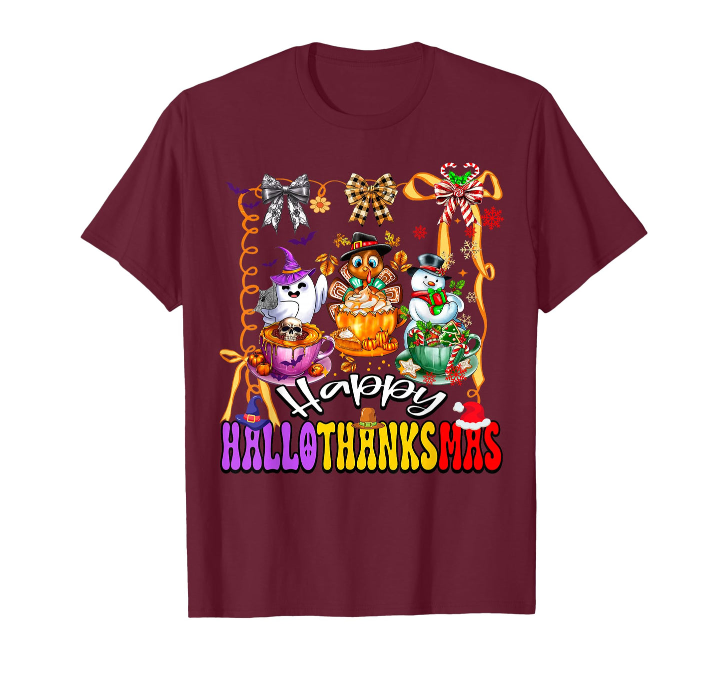 Happy Hallothanksmas Coquette Bow Coffee Latte Together Love T-Shirt