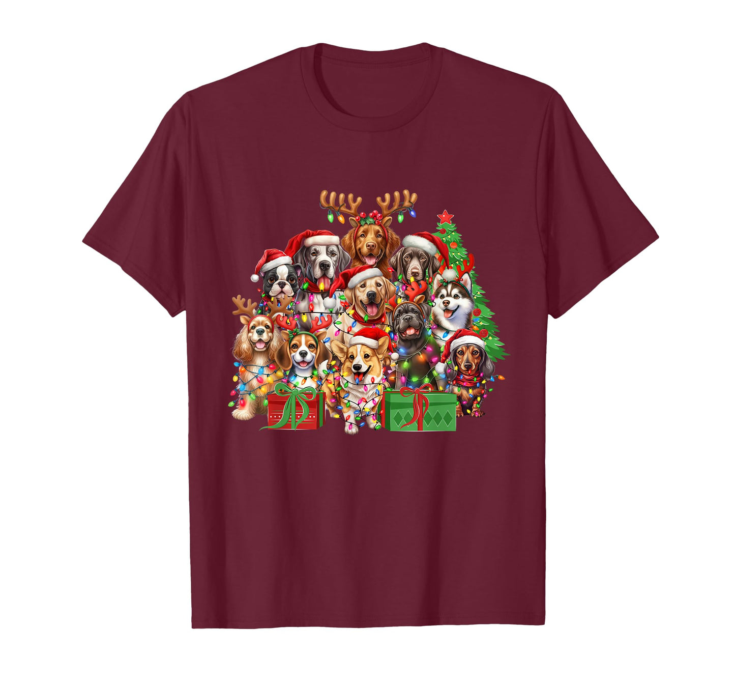 Christmas Dogs Festive Lights and Santa Hats T-Shirt