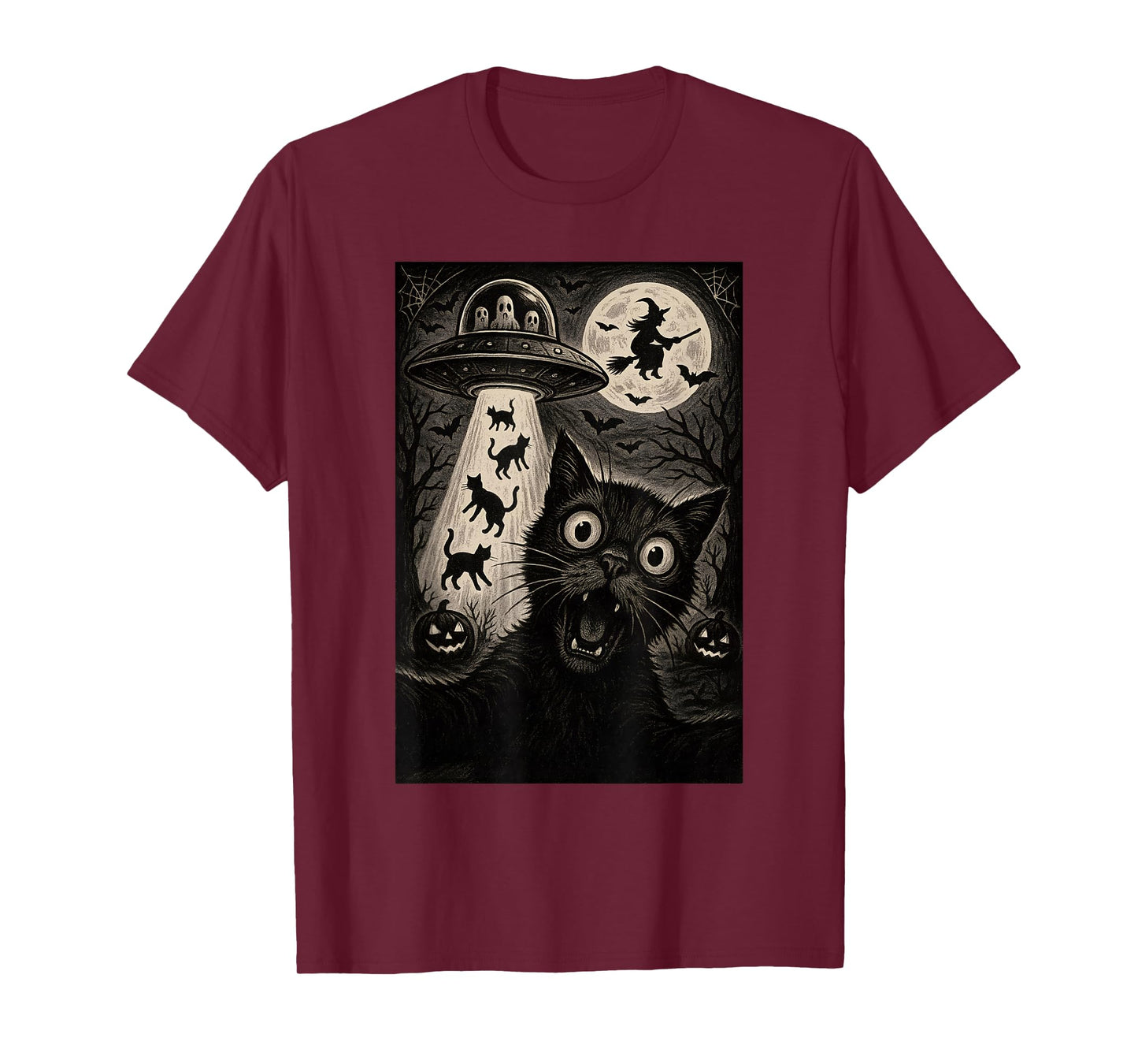 Halloween Cat Selfie Spooky Night Alien Abduction Cats UFO T-Shirt