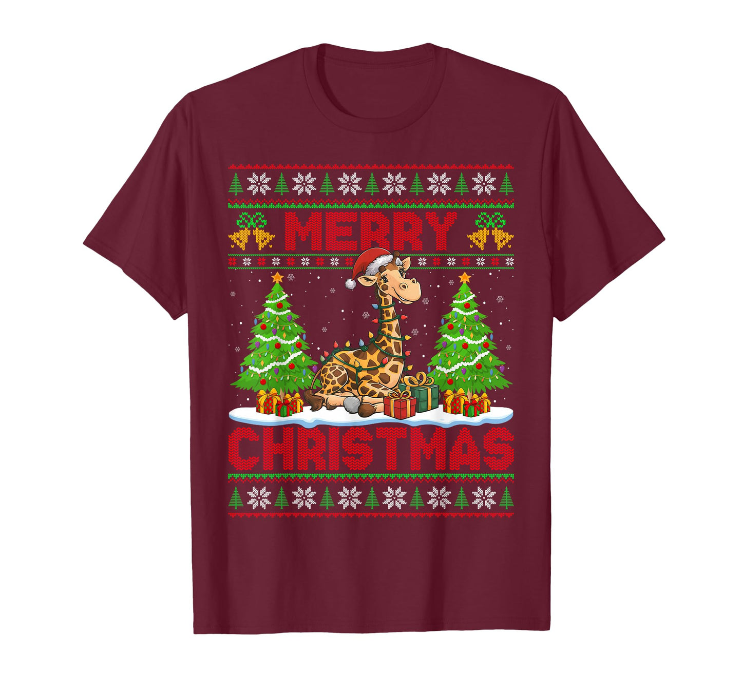 Giraffe Ugly Christmas Sweaters Funny Santa Hat Lights Xmas T-Shirt