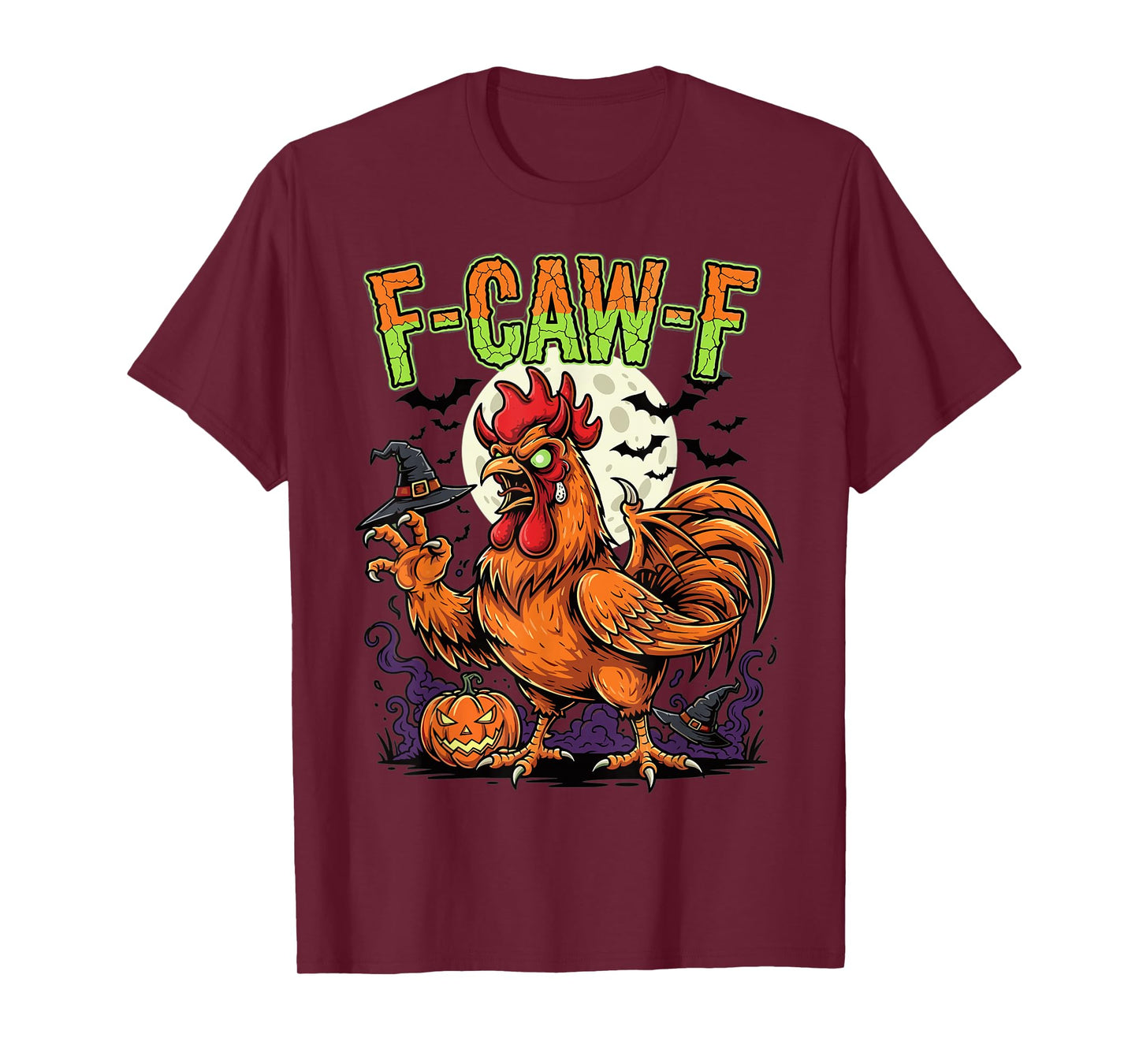 Halloween Rooster Monster Pumpkin Moon Bats Horror T-Shirt