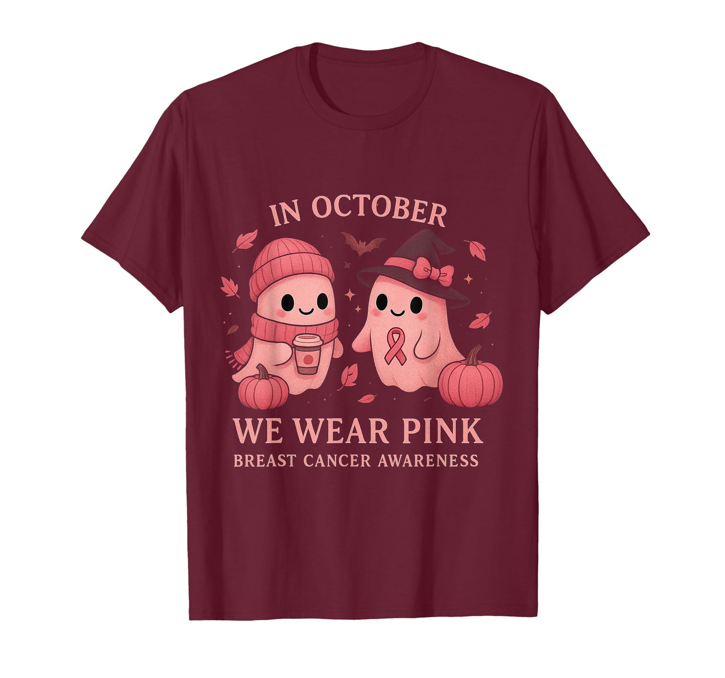 in October We Wear Pink Breast Cancer Awareness Ghosts T-Shirt