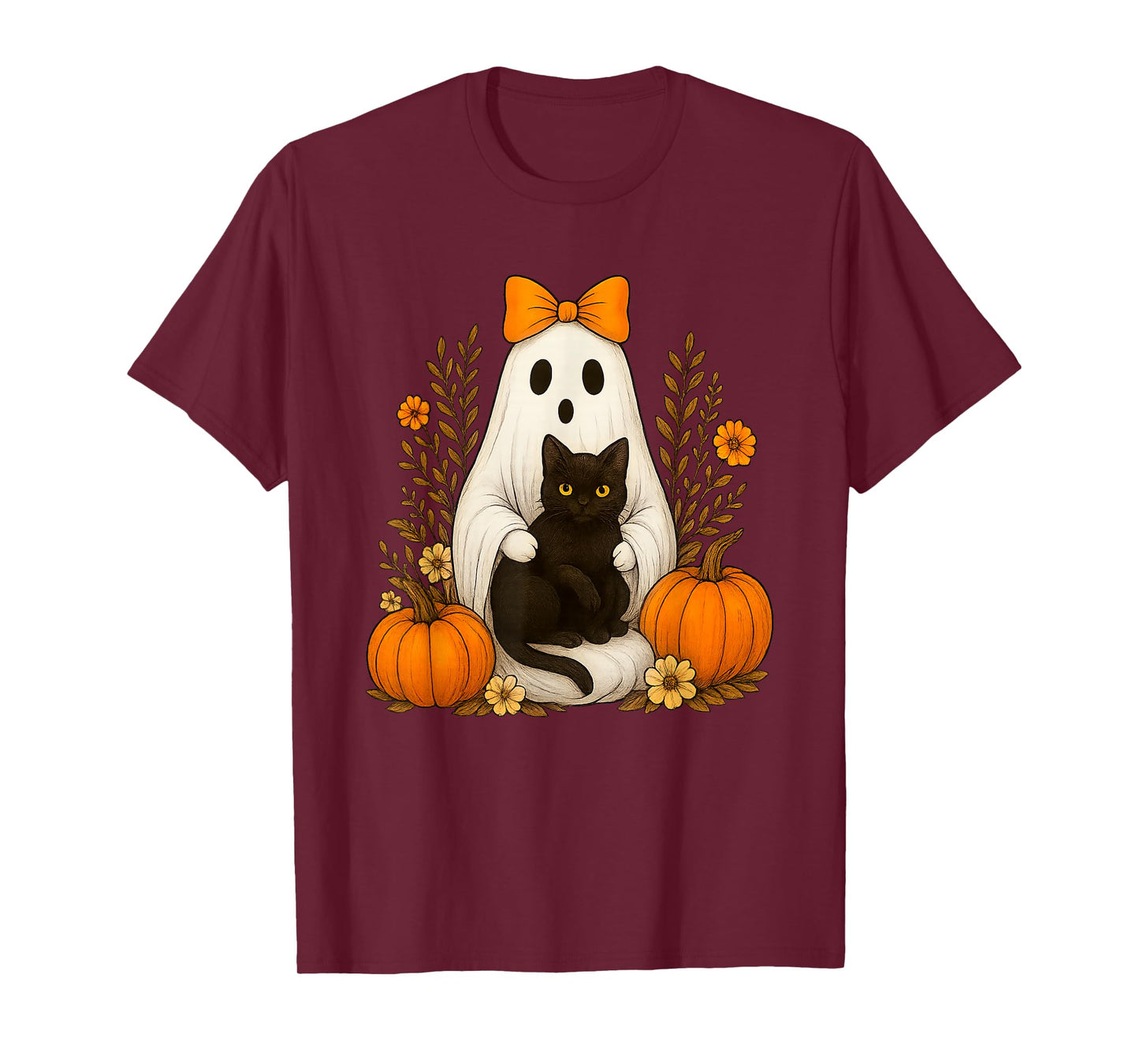 Halloween Ghost Holding Black Cat Groovy Floral Cute Boo T-Shirt