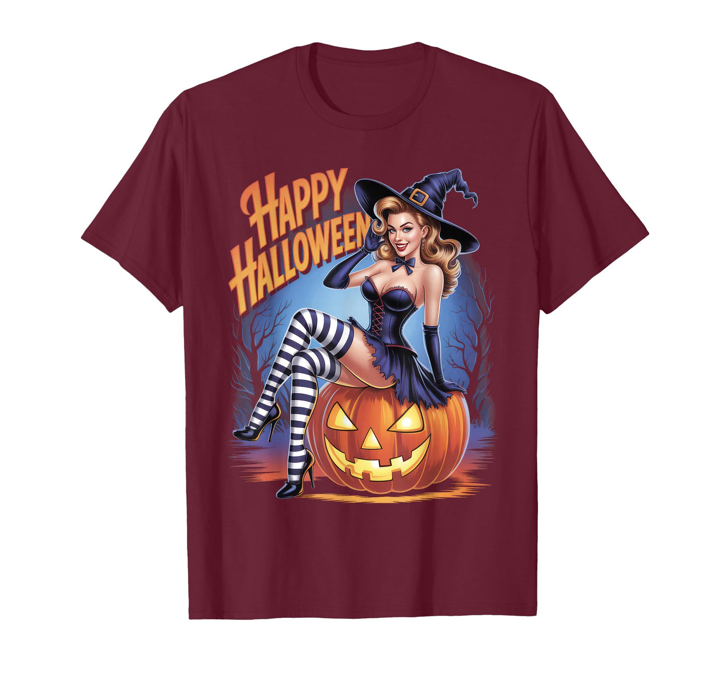 Happy Halloween Sexy Witch Sitting on Pumpkin Retro Costume T-Shirt