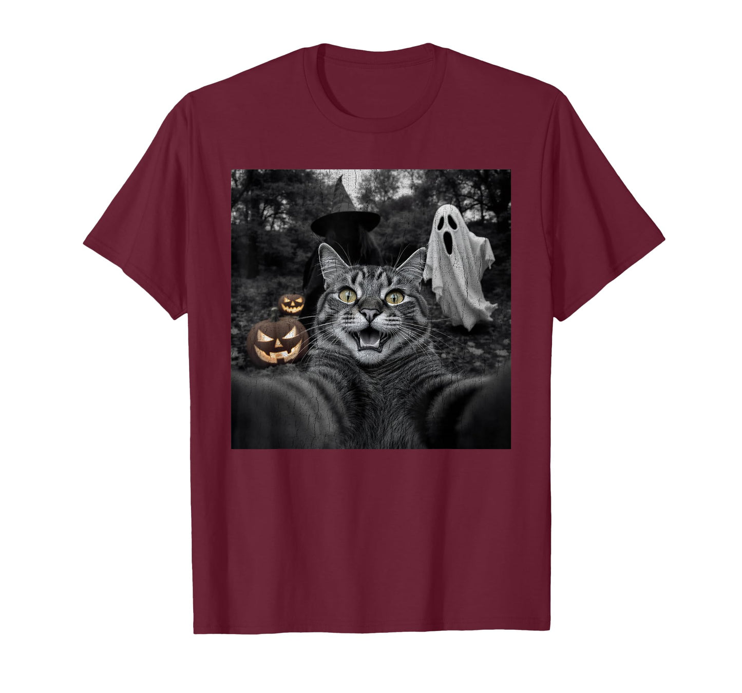 Funny Cat Selfie with a Witch & Ghost Scary Halloween T-Shirt