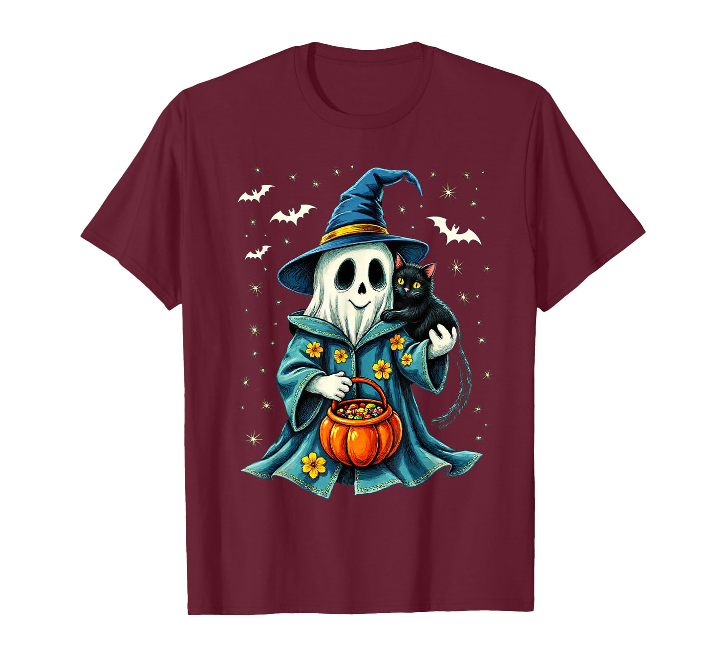 Ghost Holding Black Cat Lover Halloween 2025 Groovy Floral T-Shirt