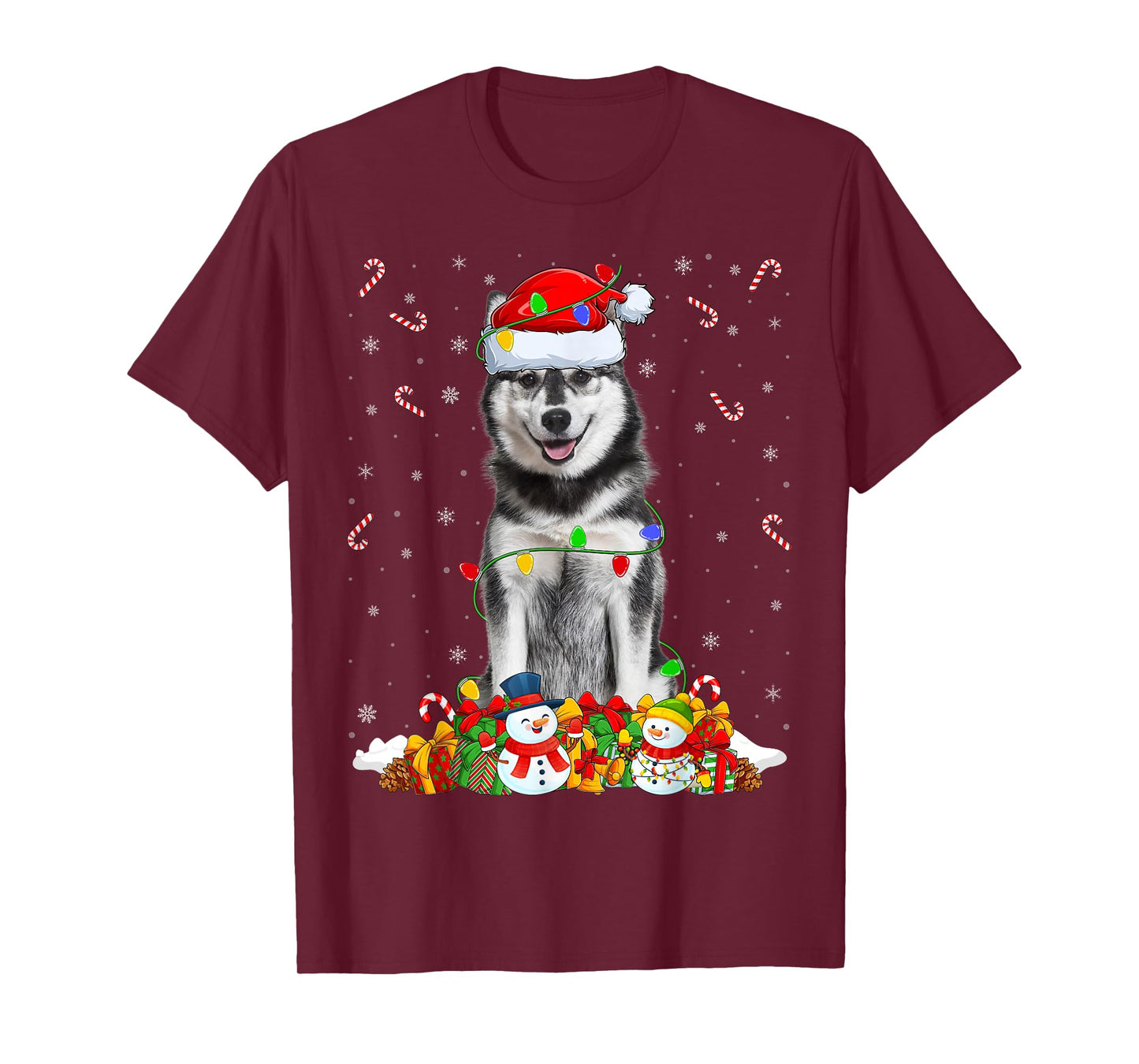 Siberian Husky Dog Christmas Lights Funny Santa Hat Xmas T-Shirt