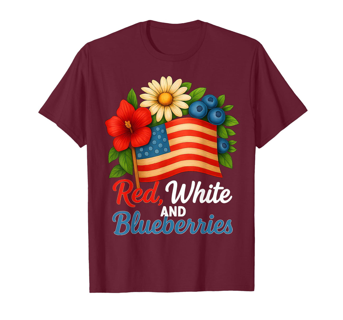 Red, White and Blueberries Floral Flag Vintage Men Women T-Shirt