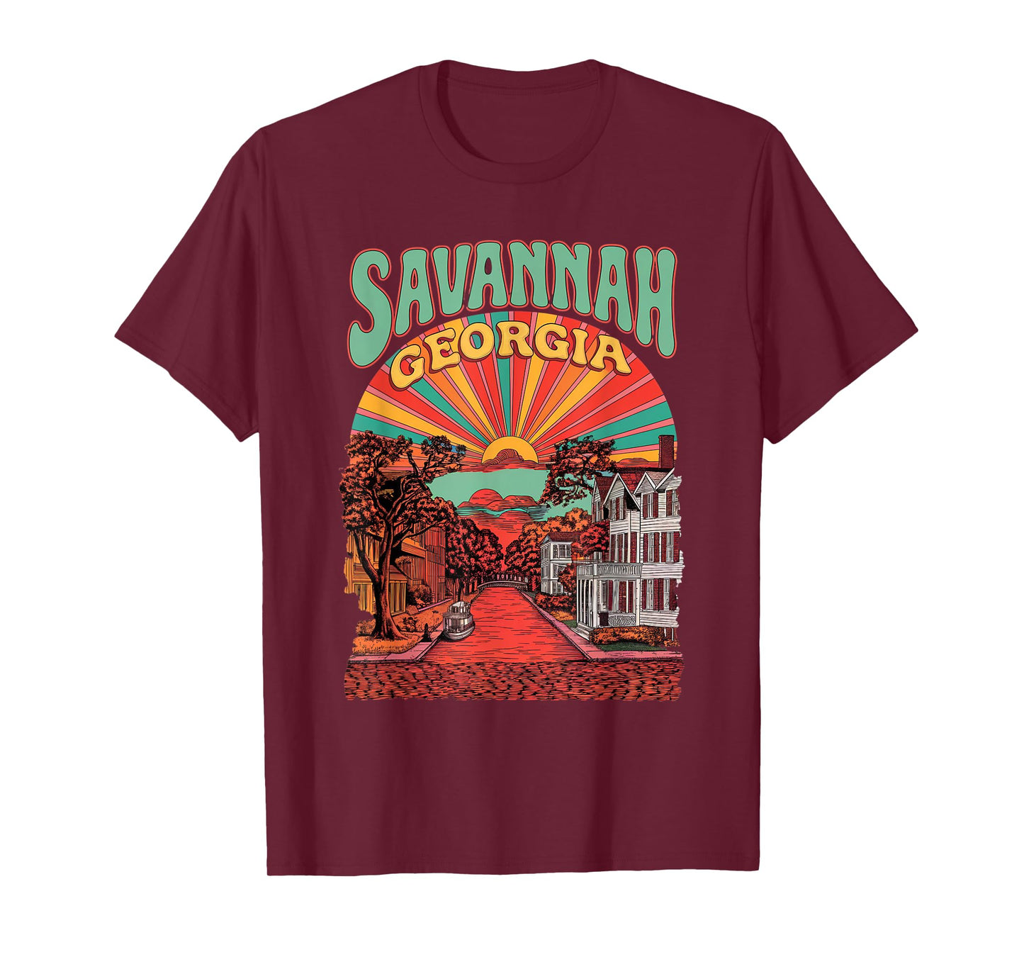 Vintage Savannah Georgia Sunset Skyline Cityscape Retro T-Shirt