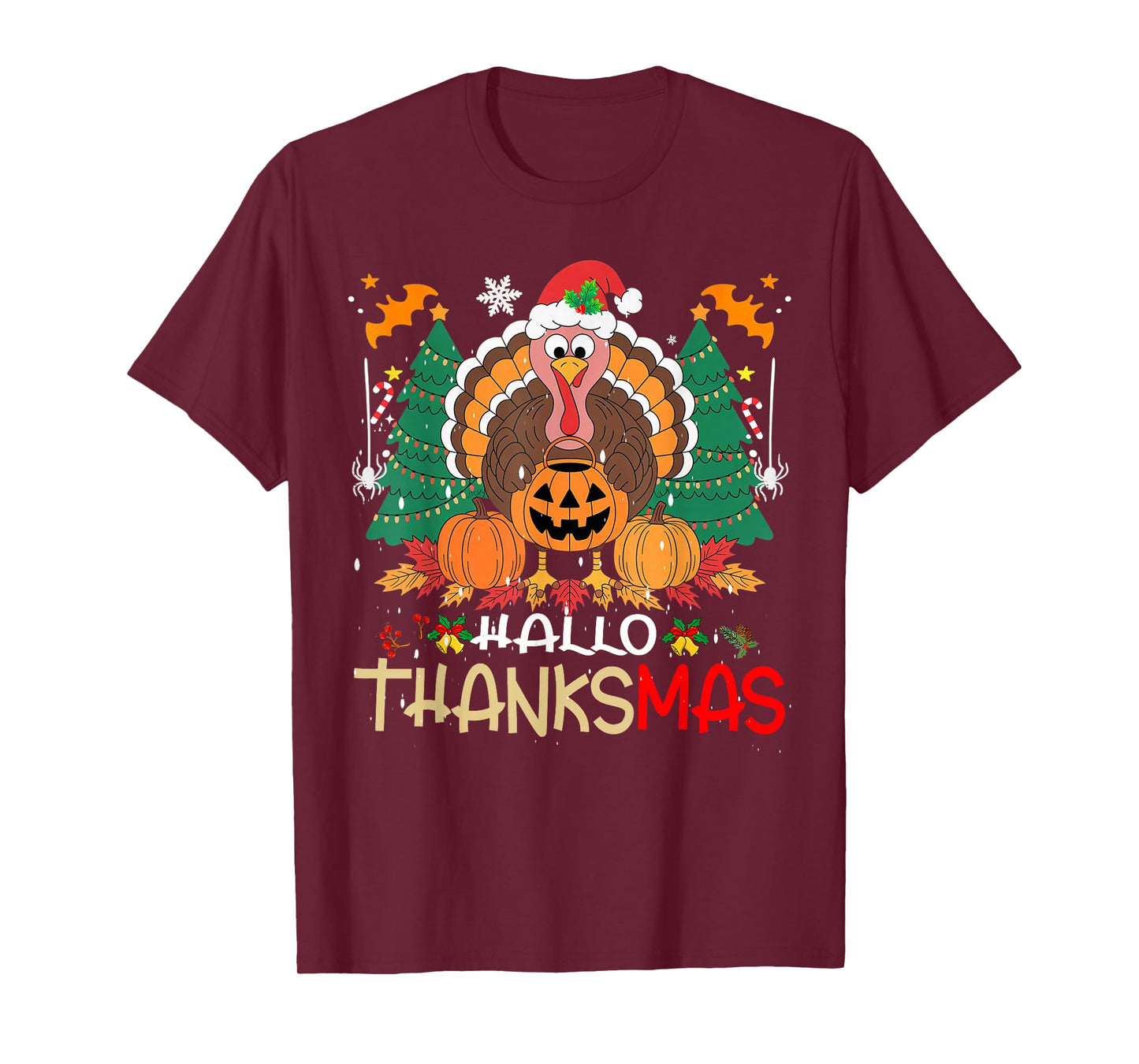 Funny HalloThanksMas Happy Thanksgiving Santa Turkey T-Shirt
