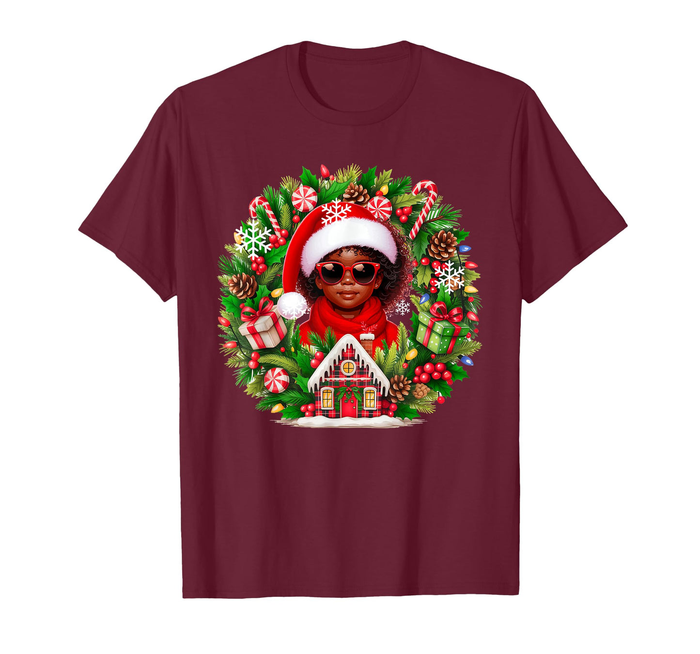 Santa Afro Kid Girl Sunglasses Xmas Floral Cirle Colorful T-Shirt