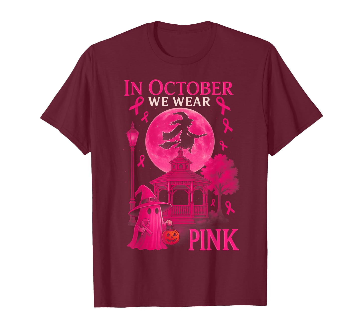 HUGvyn in October We Wear Pink Witch Halloween Breast Cancer T-Shirt