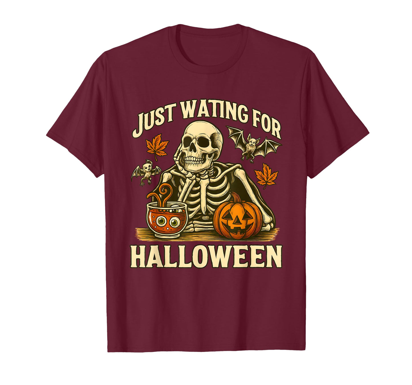Just Waiting for Halloween | Skeleton Pumpkin Design T-Shirt