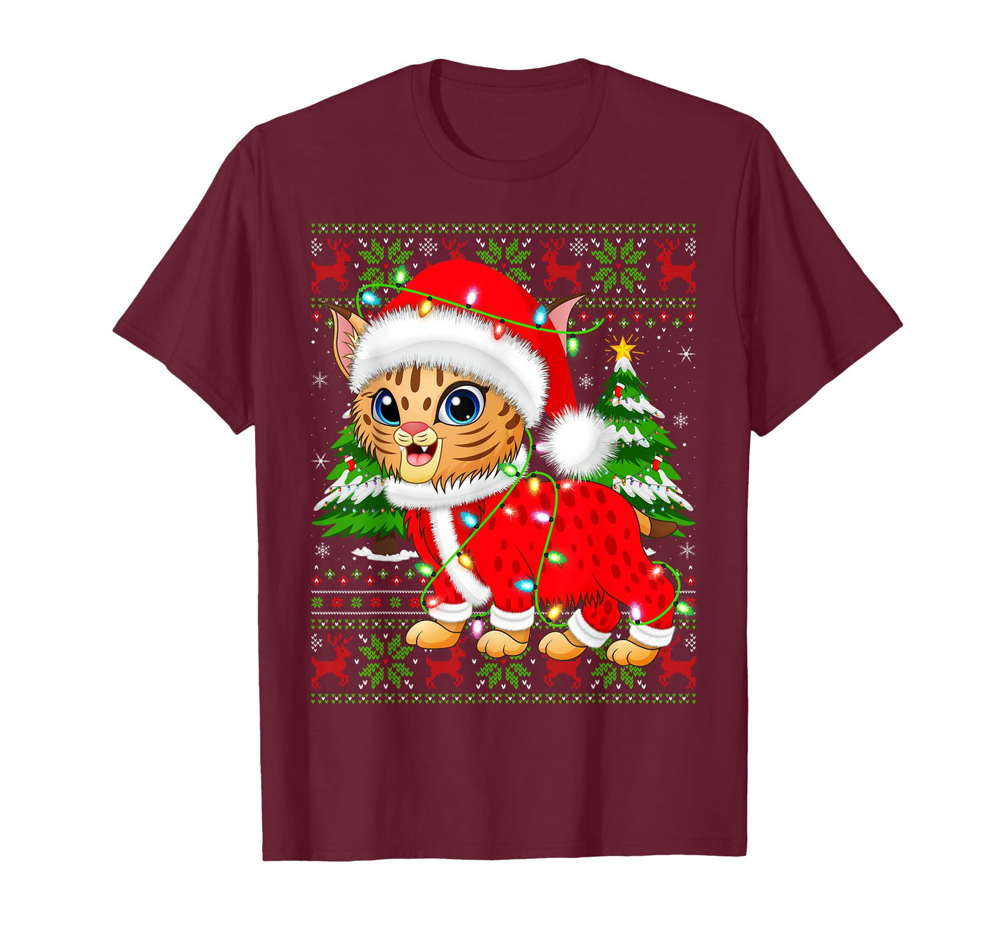 Bobcat Lynx Christmas Lights Santa Costume Ugly Xmas Sweater T-Shirt
