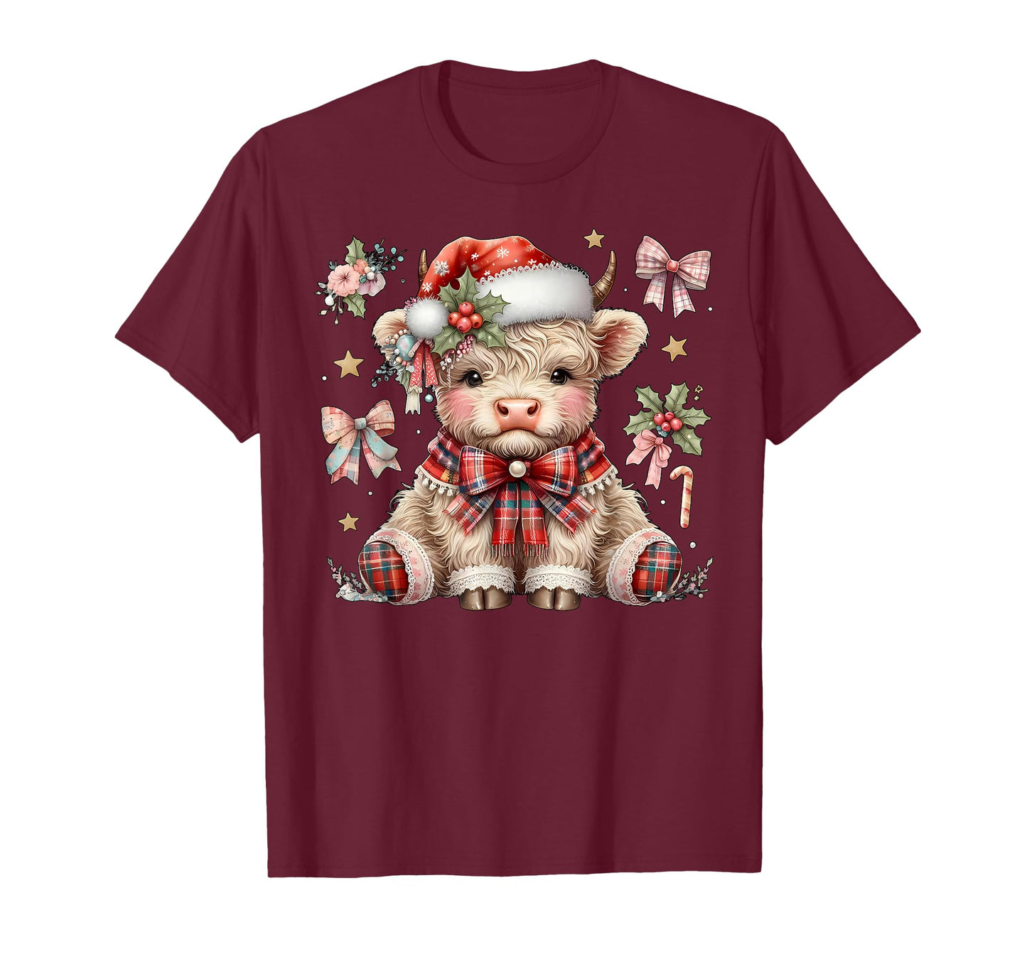 Patchwork Coquette Christmas Highland Cow Santa Hat Western T-Shirt