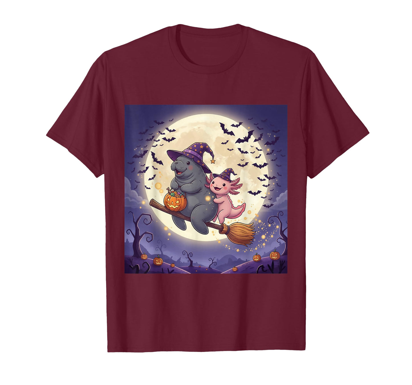 Axolotl and Manatee Witch Hat Pumpkin Halloween Costume T-Shirt