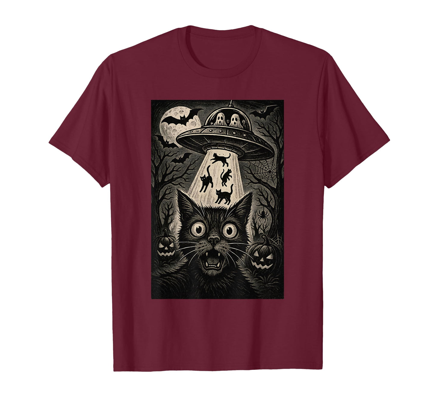 Halloween Cat Selfie Scary Alien Abduction Cats UFO Flying T-Shirt