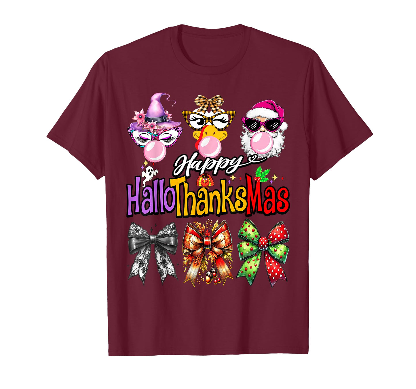 Hallothanksmas Halloween Thanksgiving Christmas Coquette Bow T-Shirt