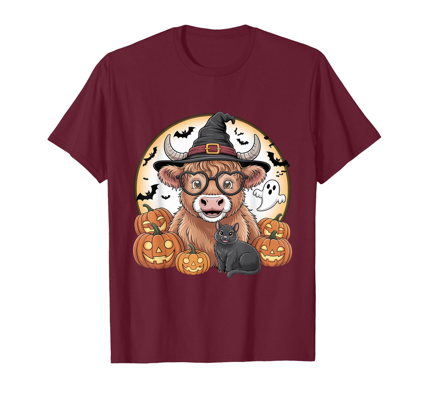 Cute Highland Cow Witch Halloween Pumpkin Black Cat Ghost T-Shirt