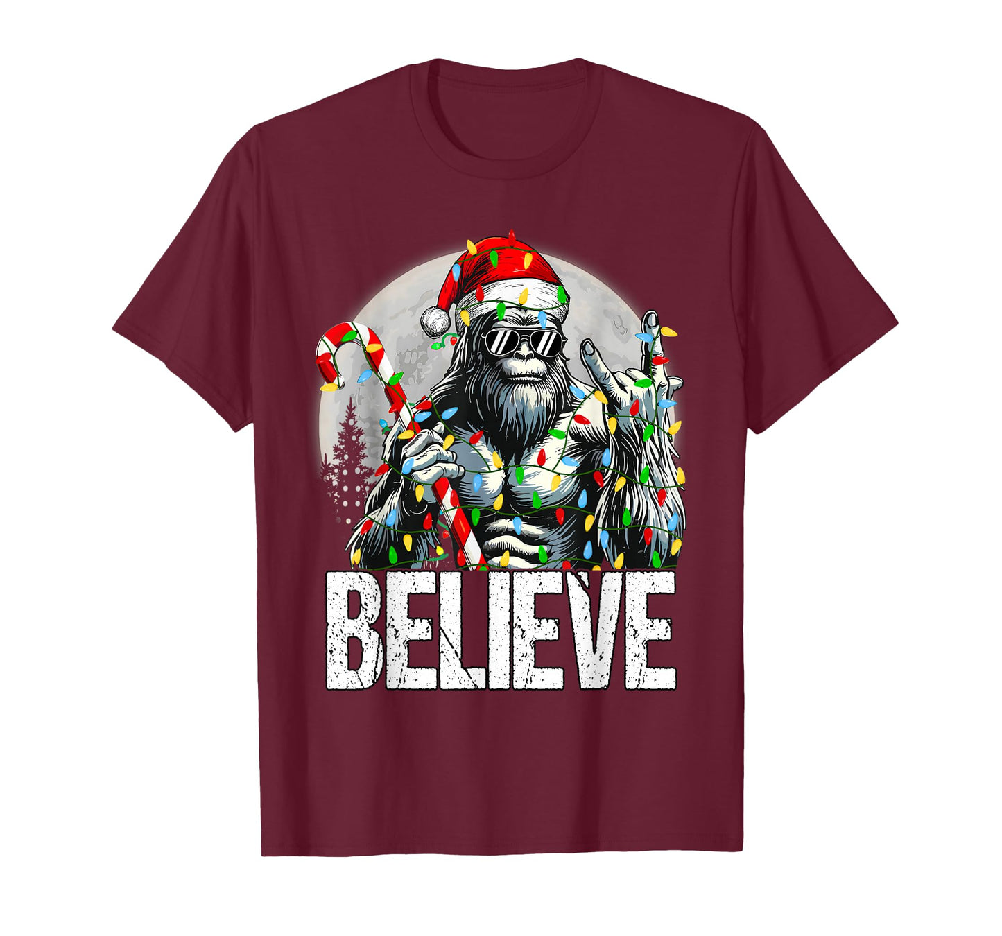 Santa Bigfoot Christmas Lights Funny Sasquatch Believe Xmas T-Shirt