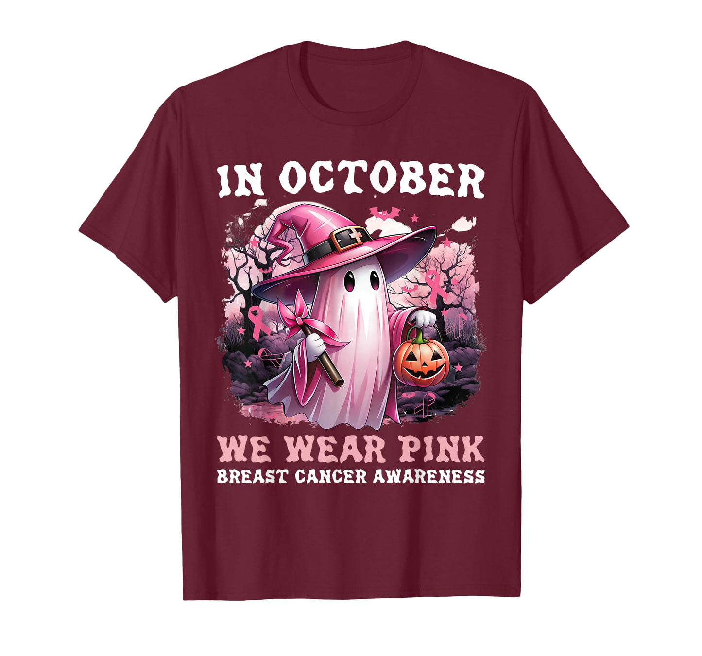 in October We Wear Pink Ghost Witch Breast Cancer Awareness T-Shirt