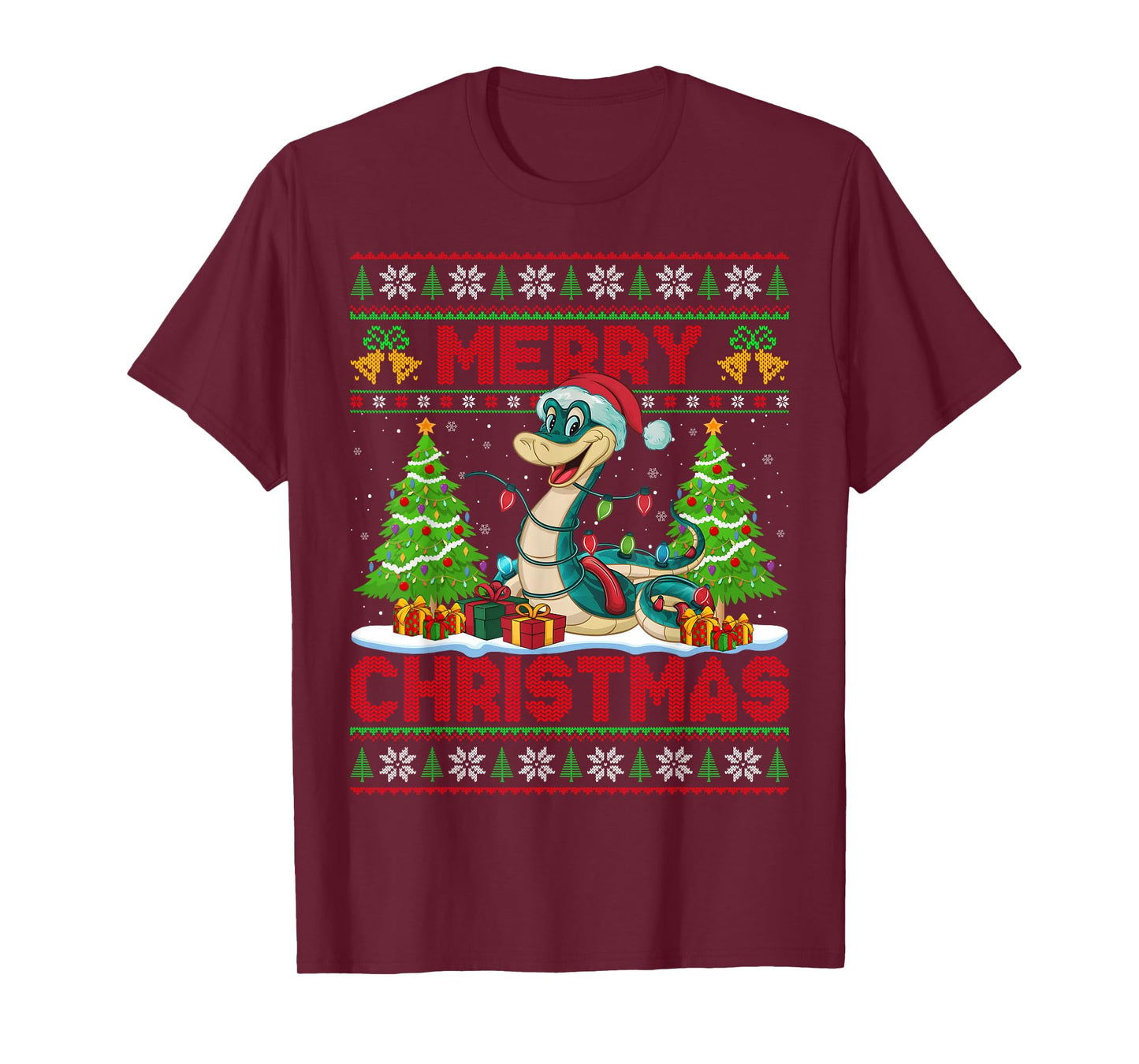 Snake Ugly Christmas Sweaters Funny Santa Hat Lights Xmas T-Shirt