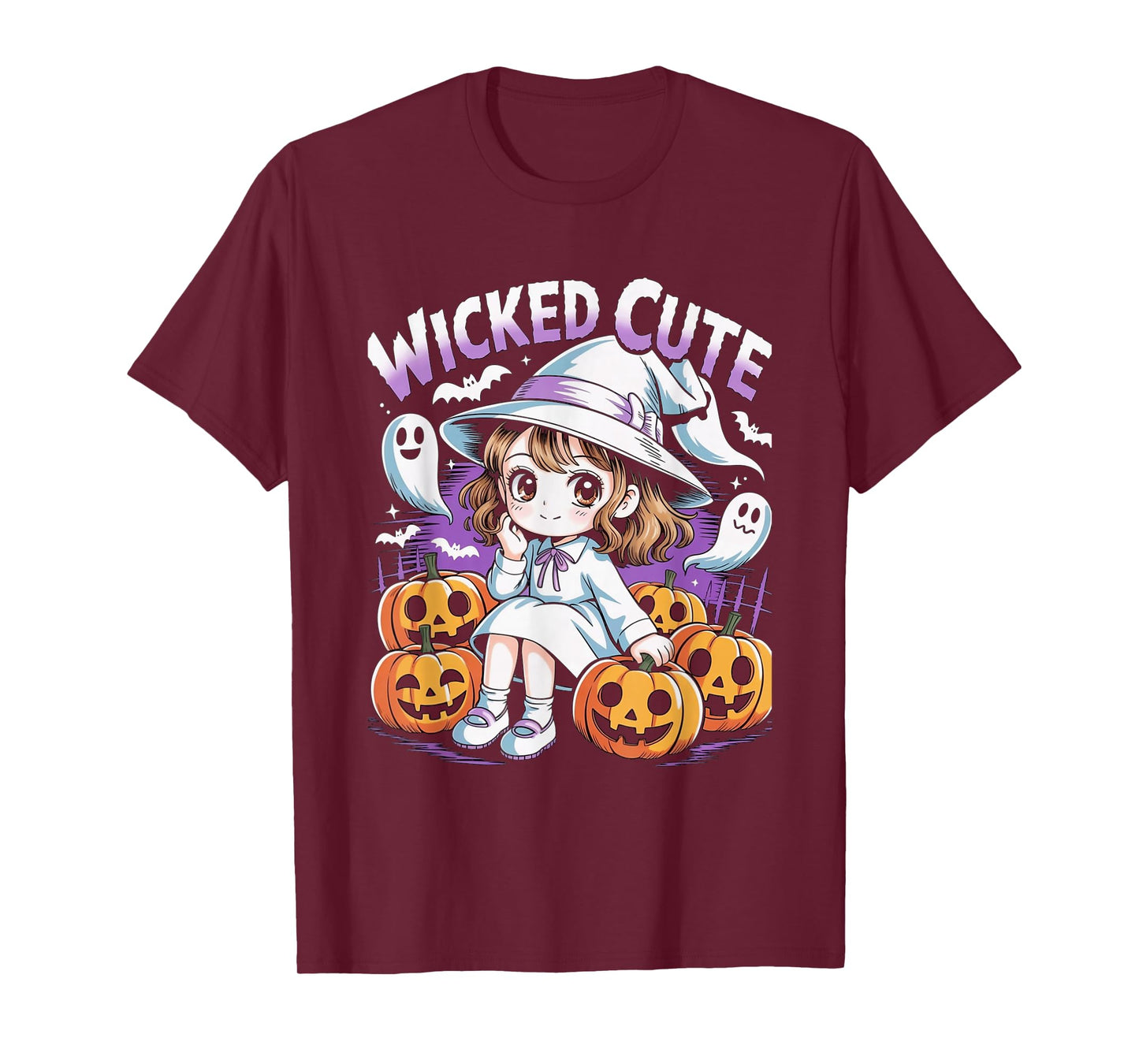 Halloween Anime Cute Witch Girls Pumpkin Bats Ghosts Kids T-Shirt