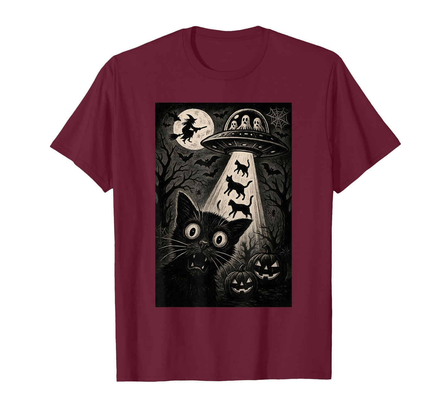 Halloween Cat Selfie Spooky Night Alien Abduction Cats UFO T-Shirt