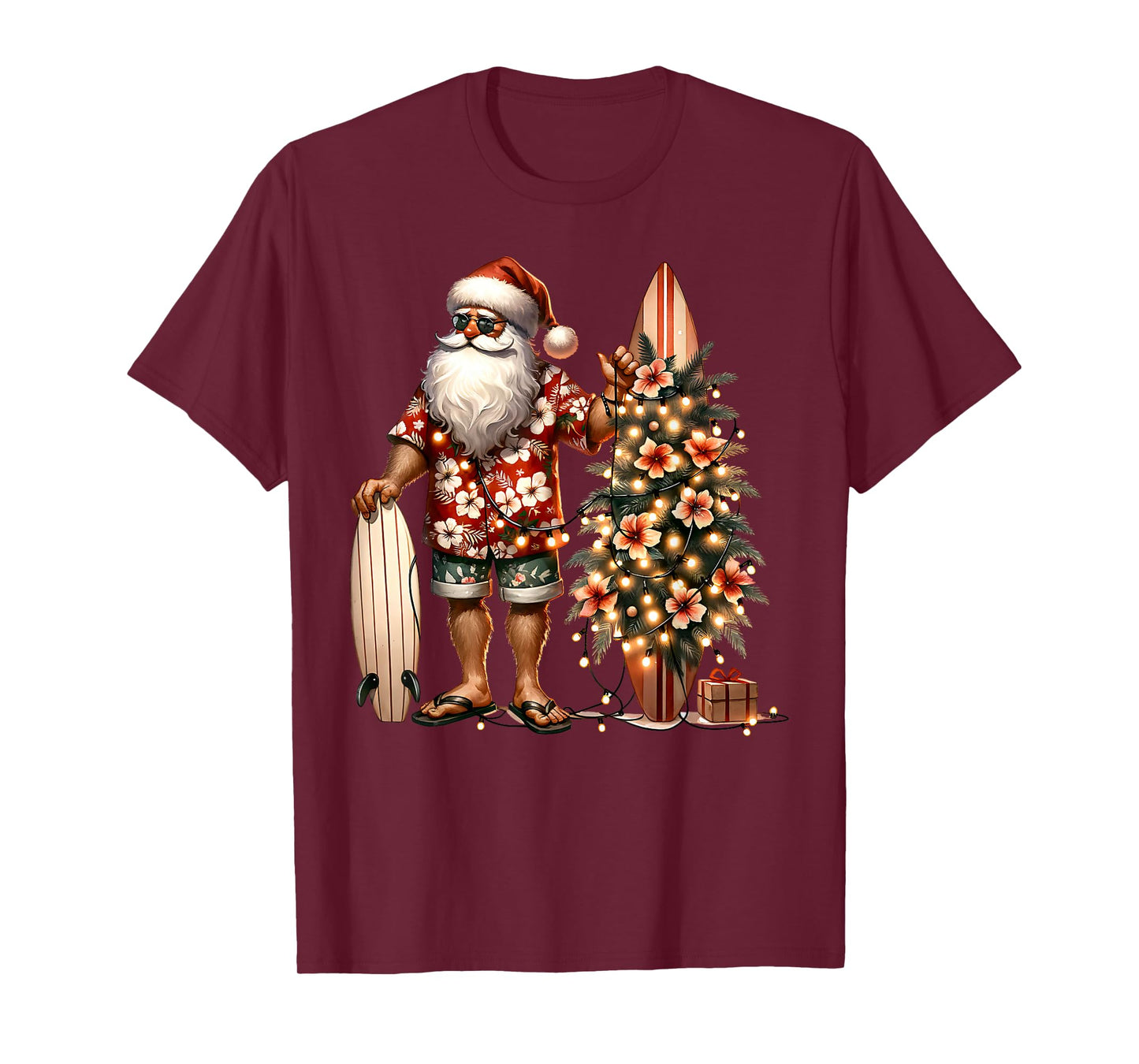 Tropical Christmas Santa Surfing Beach Hibiscus Xmas Lights T-Shirt