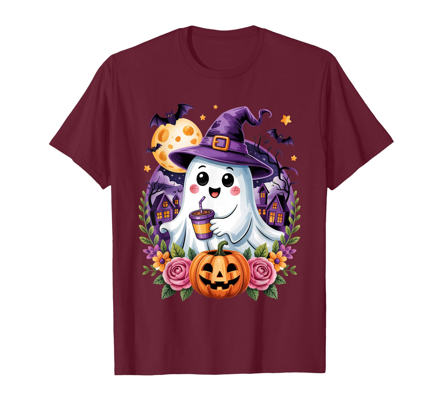 Cute Ghost Witch Pumpkin Floral Halloween Spooky Bloom Boo T-Shirt
