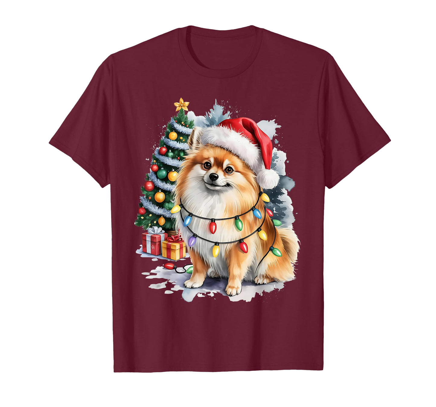 Pomeranian Christmas Dog with Santa Hat and Lights Holiday T-Shirt