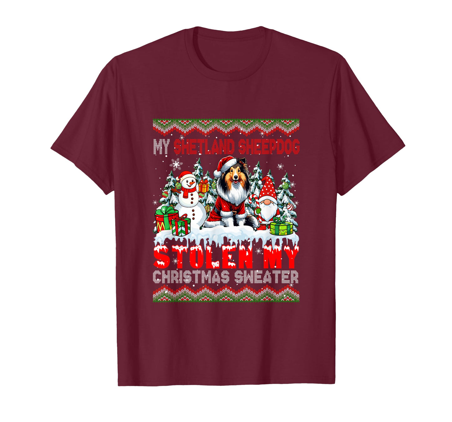 Shetland Sheepdog Stolen Christmas Sweater Santa Dog Gnome T-Shirt