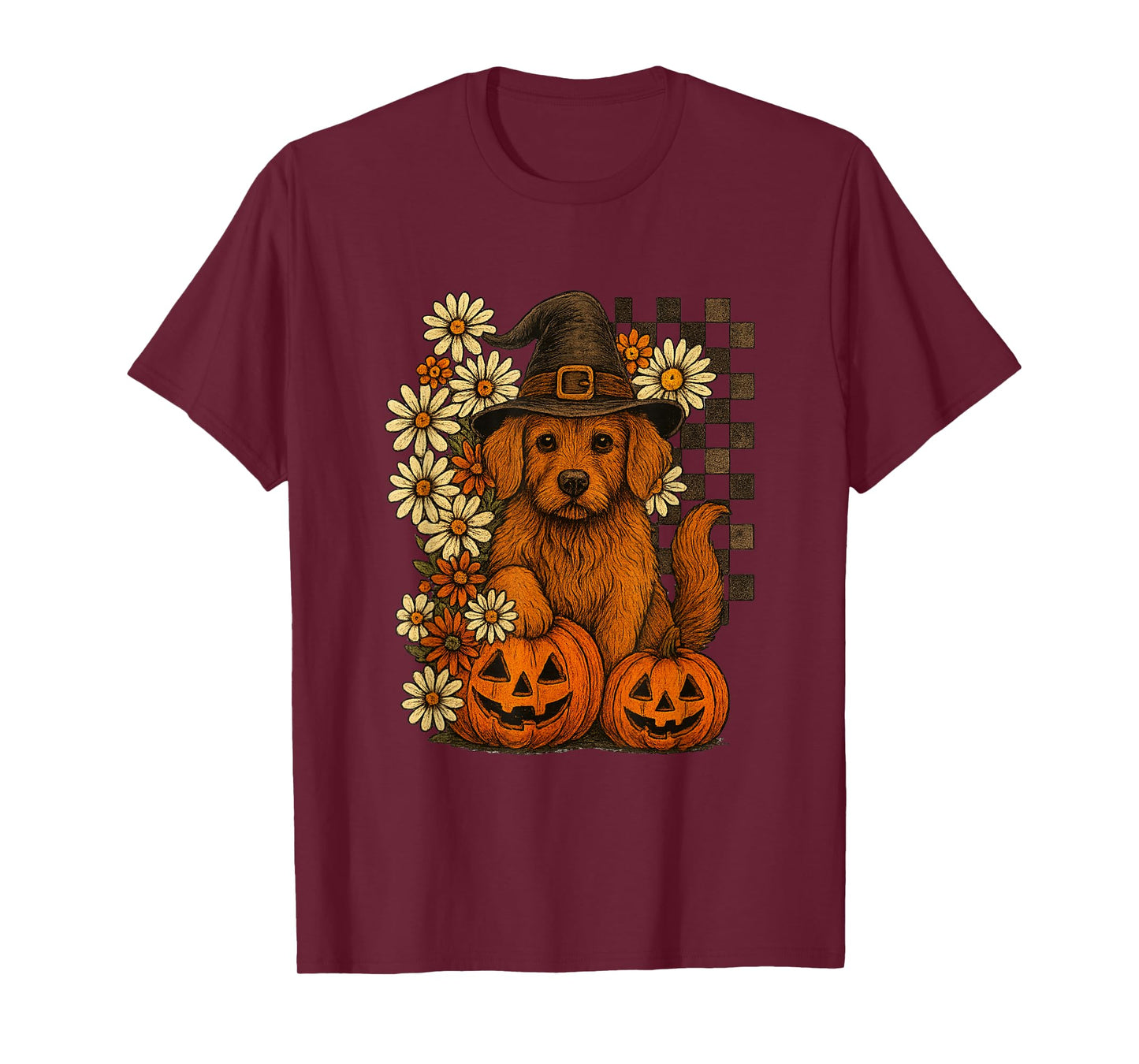 Cute Halloween Dog Witch Hat Pumpkins Fall Flowers T-Shirt