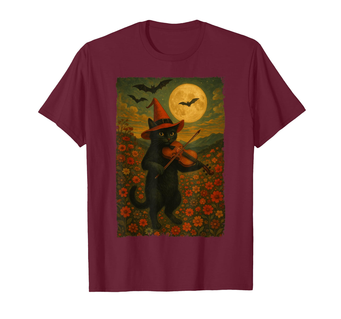 Vintage Halloween Black Cat Playing Violin In A Flower Field T-Shirt