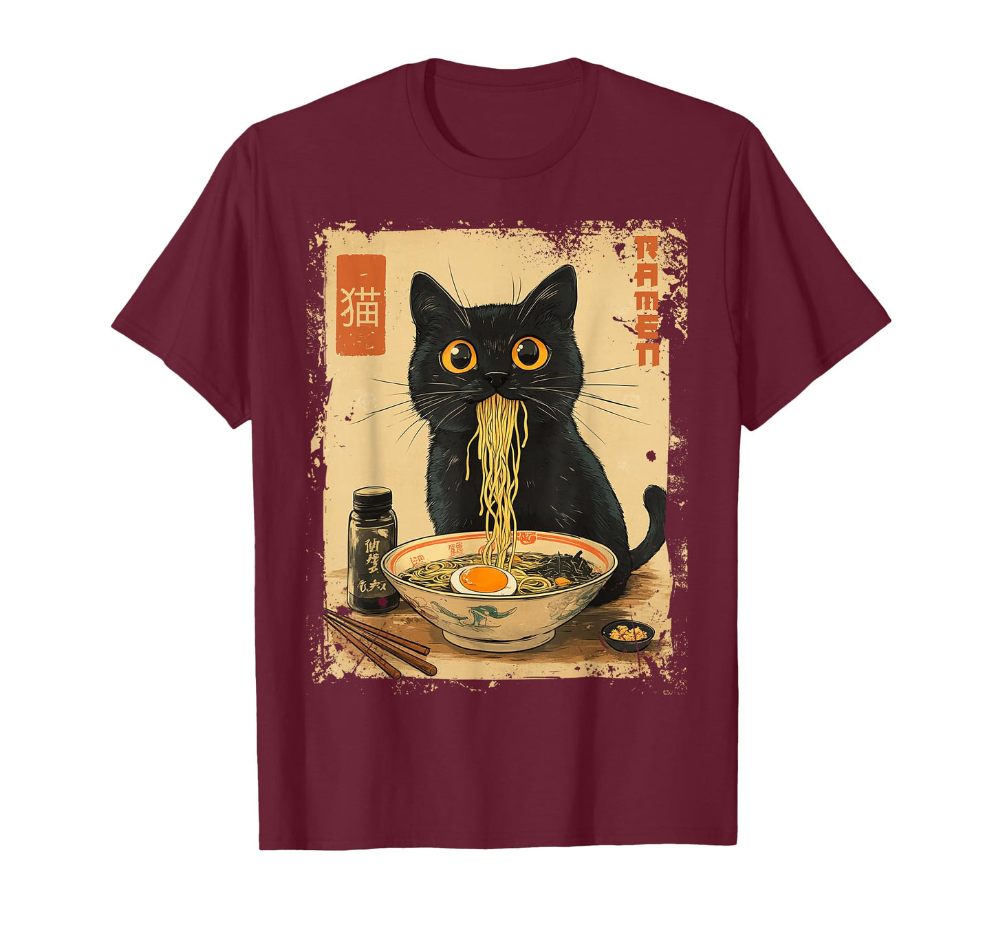 Dirhame Funny Japanese Cat Ramen Anime Kawaii Cat Eating Ramen Noodles T-Shirt, Unisex-Adults, Anime Fans, Girls, Young Females, Black, Small, Short Sleeve, T-Shirt
