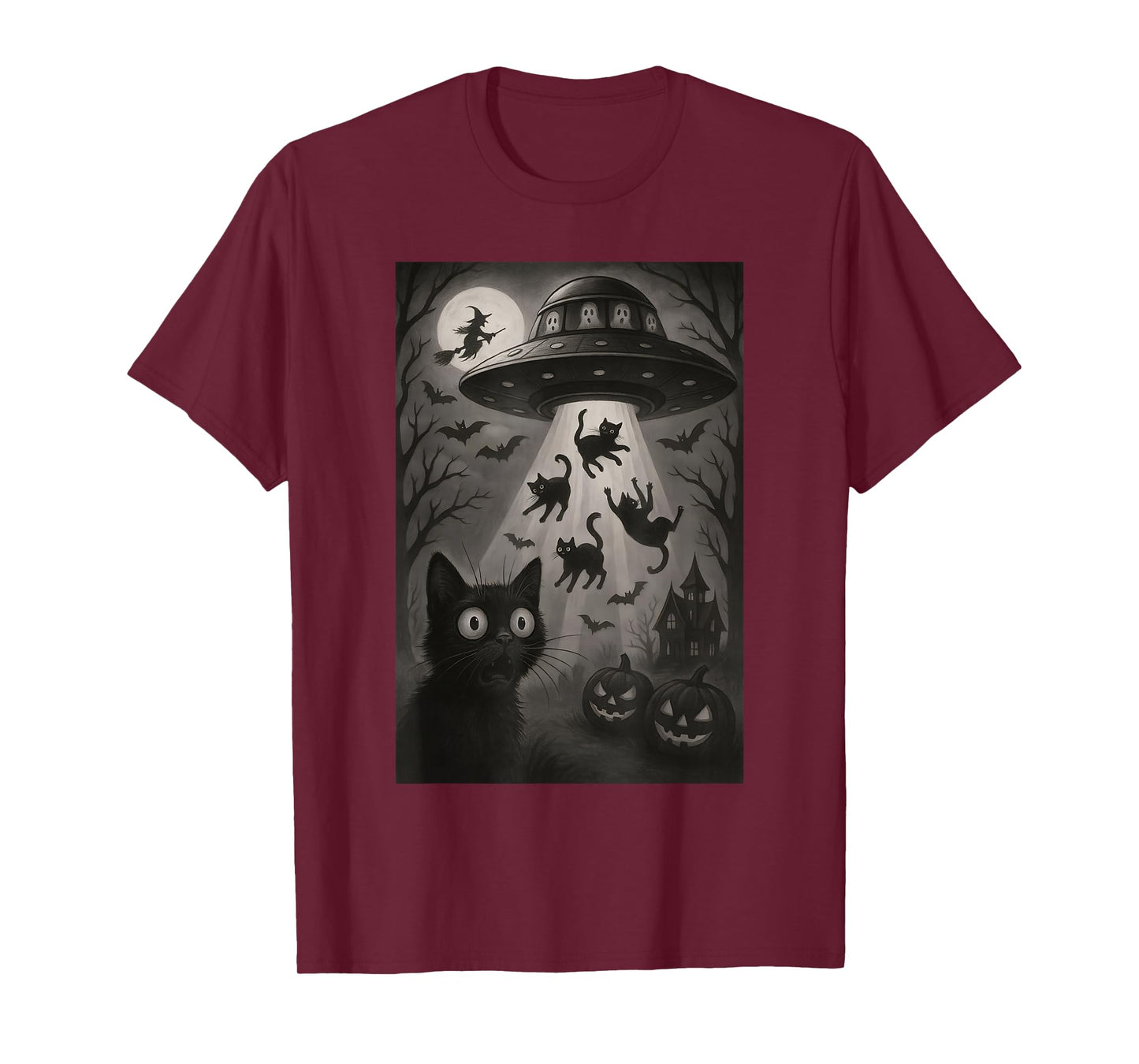 Halloween Cat Selfie Spooky Night Alien Abduction Cats UFO T-Shirt