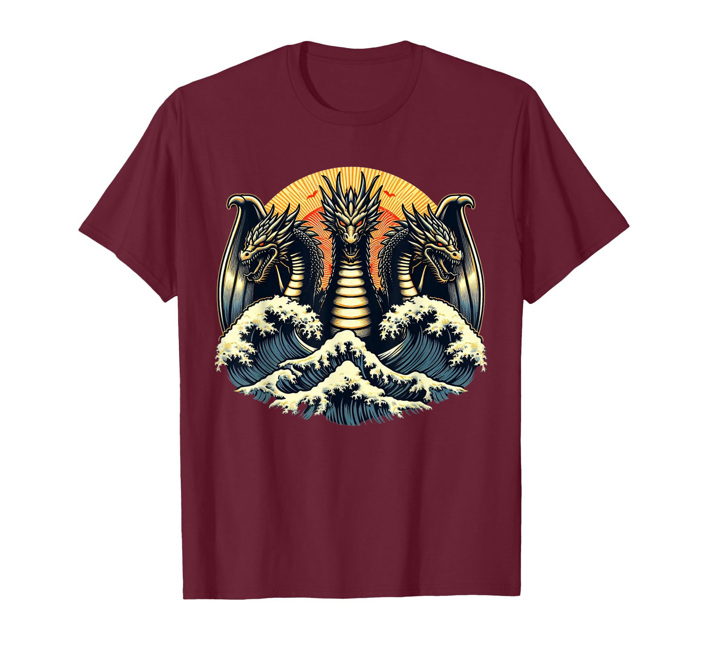 Japanese Dragon King Ghidorah Great Wave off Kanagawa Sunset T-Shirt