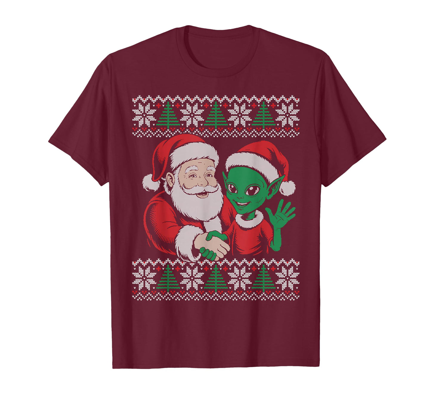 Santa Alien Ugly Sweater, Santa Shaking Alien Hand T-Shirt