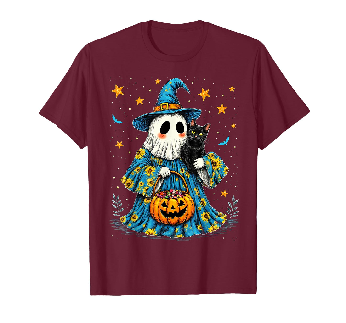 Cute Ghost and Black Cat Boo Groovy Floral Halloween 2025 T-Shirt