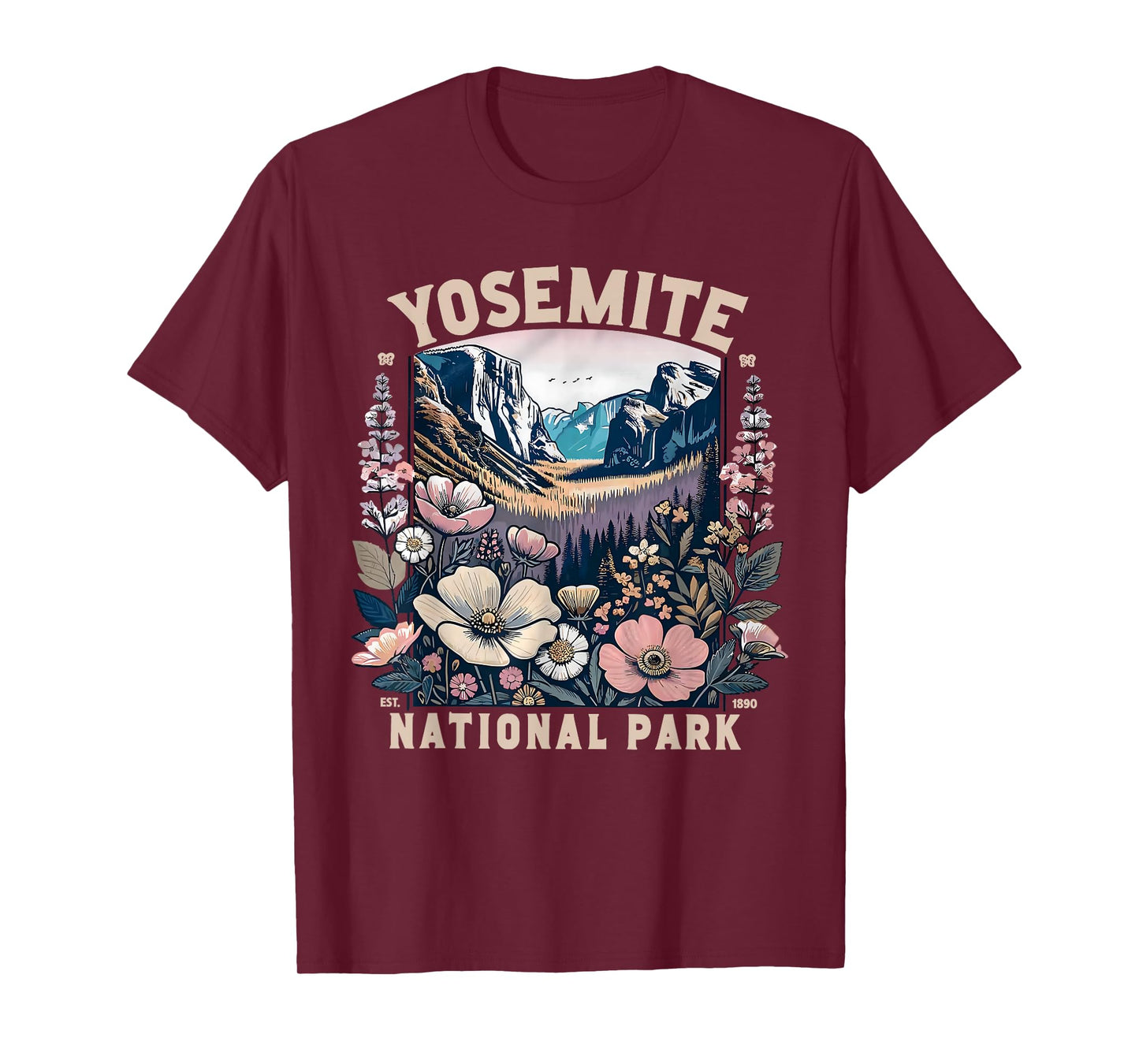 Yosemite National Park Floral Vintage Womens Mens T-Shirt