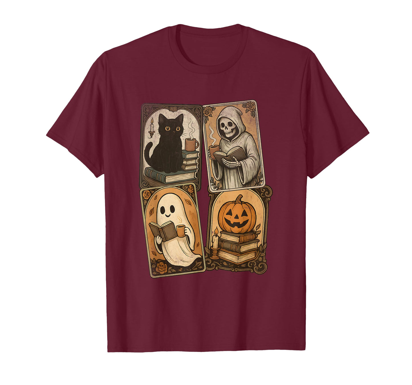 Ghost Reading Books Tarot Card Halloween Retro Vintage T-Shirt