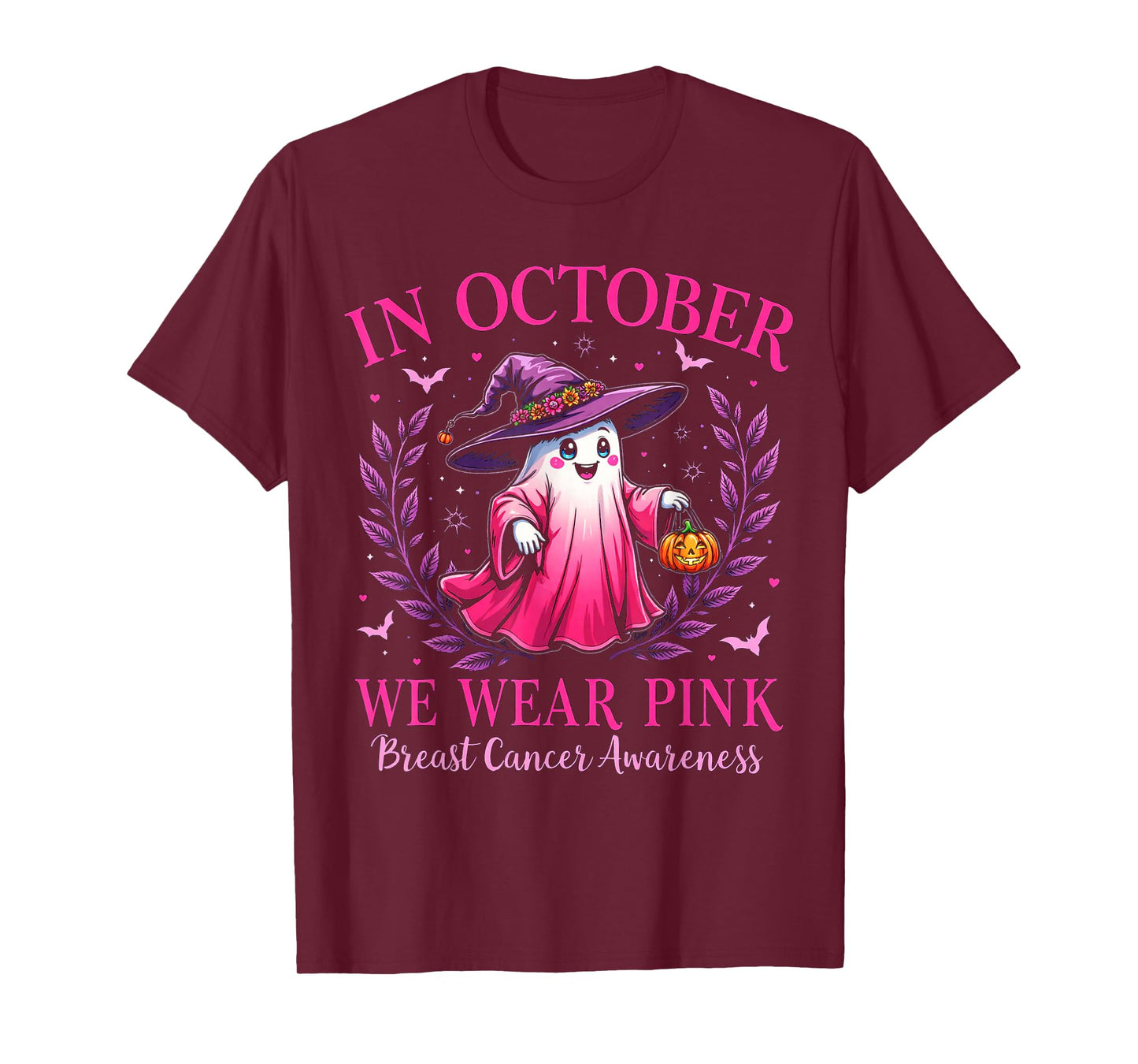 Breast Cancer Awareness 2025 Cute Pink Ghost with Witch Hat T-Shirt