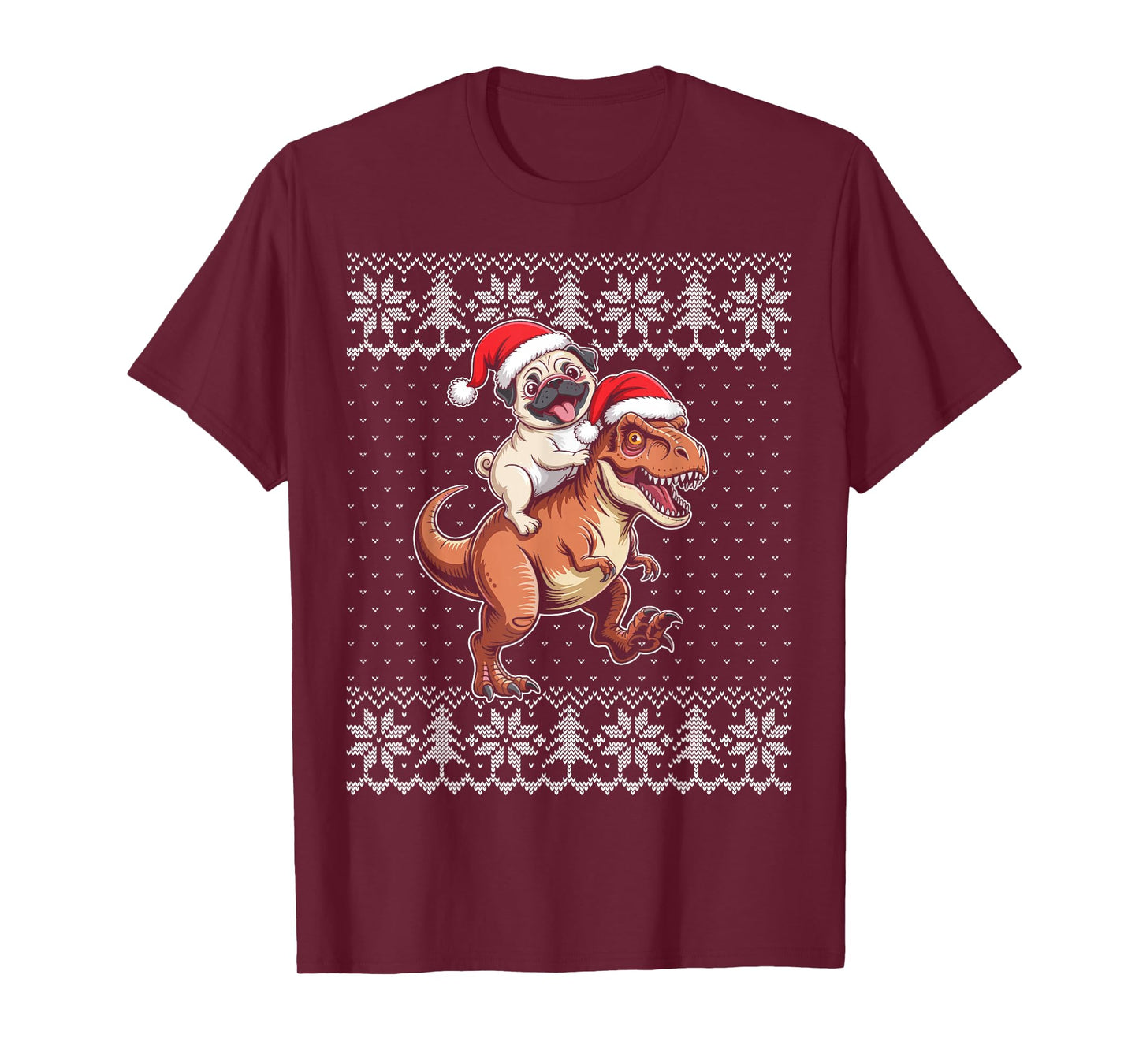 Pug Riding t rex Dinosaur Christmas Ugly Sweater T-Shirt