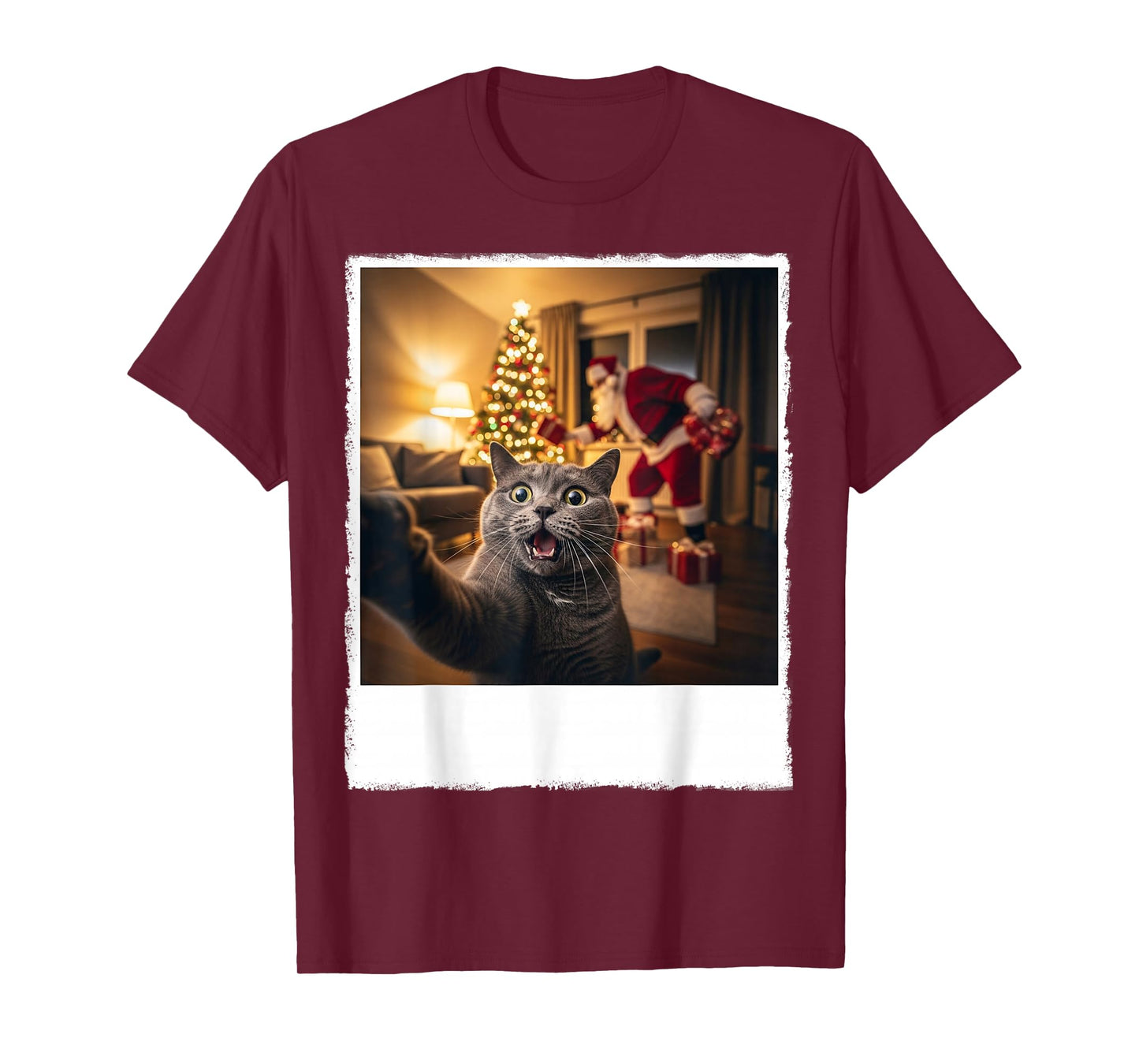 Xmas Funny Cat Selfie with Santa Clause Gift Christmas Night T-Shirt