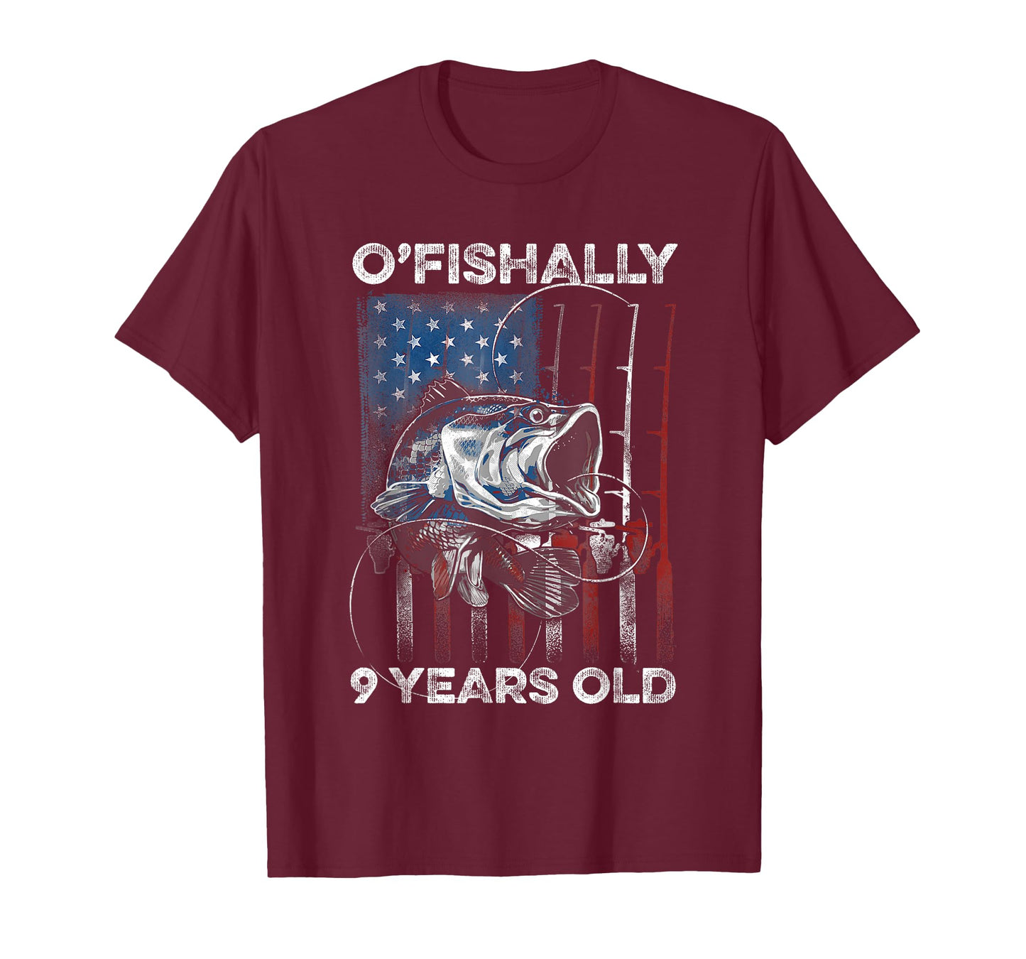 Ofishally 9 Year Old Shirt 9th Birthday Fishing US Flag T-Shirt