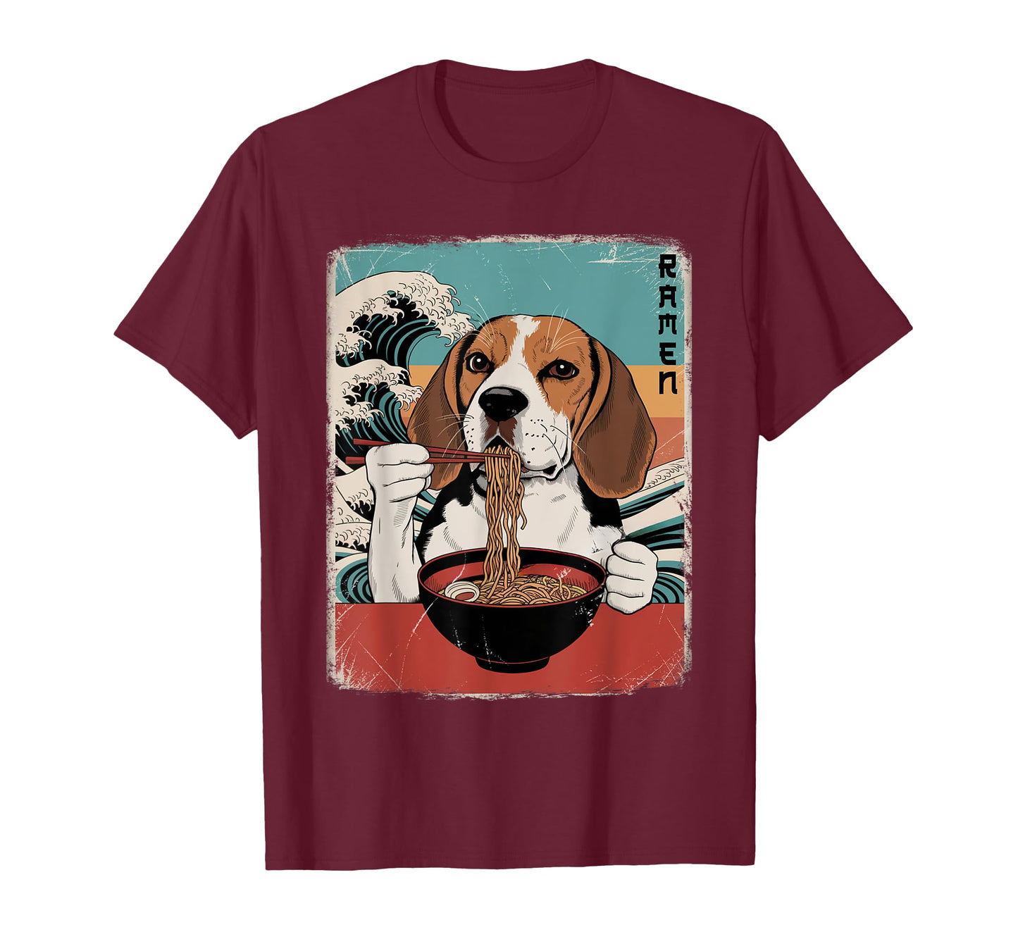 Beagle Eat Ramen Noodles Japanese Art Retro Ocean Waves T-Shirt